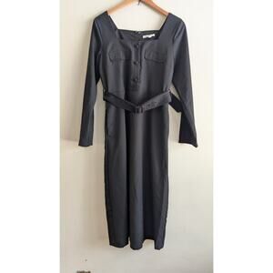 Zoe + Claire Black Belted Midi Dress Sz M Square‎ Neck Long Sleeve Minimalist